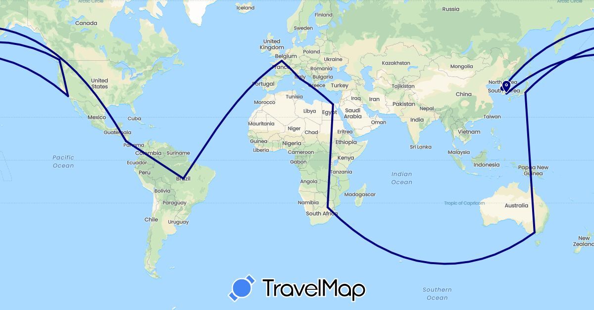 TravelMap itinerary: driving in Australia, Brazil, Canada, Costa Rica, Egypt, France, Italy, Japan, South Korea, United States, South Africa (Africa, Asia, Europe, North America, Oceania, South America)